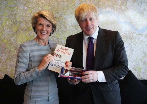 Minister Julie Bishop with the Mayor of London, Boris Johnson, during a meeting at City Hall, London on 11 March 2014 during AUKMIN.