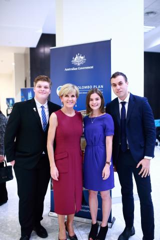 Foreign Minister Julie Bishop with New Colombo Plan scholars, Mr Matthew Page, Ms Susanna Batchelder and Mr Thomas Engelhardt at International Women’s Day Dinner at the High Commission in Kuala Lumpur. 14 March 2017 / Zulaika Ibrahim