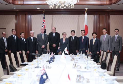 Members of the Australia-Japan Diet members' Friendship League standing with Senator the Hon David Johnston, Minister for Defence, the Hon Julie Bishop MP, Minister for Foreign Affairs, HE Mr Bruce Miller, Australian Ambassador to Japan, and Mr Varghese, 