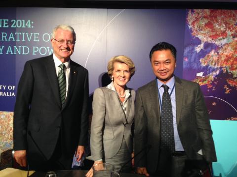 Foreign Minister Julie Bishop at the In the Zone panel discussion with UWA Chancellor Michael Chaney and Dr Dino Patti Djalal, former Indonesian Ambassador to the US.  