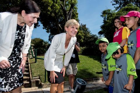 Foreign Minister Bishop and Senator Fierravanti-Wells meet some of the sporting participants at the launch of the Asia Sports Partnership Program