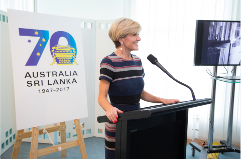 Foreign Minister Julie Bishop speaking at the recent 70th Anniversary of Australian and Sri Lankan Diplomatic Relations, Diaspora Photo Exhibition launch in Parliament House. Photo credit: DFAT/Linda Roche