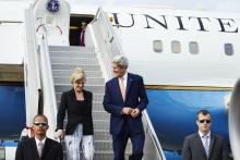 Minister for Foreign Affairs, Julie Bishop and United States Secretary of State, John Kerry arrive in Sydney ahead of the Australia-United States Ministerial Consultations (AUSMIN) 2014. 11 August 2014.