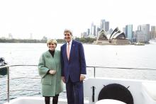 Minister for Foreign Affairs, Julie Bishop and United States Secretary of State, John Kerry travelling to the opening of the Australia-United States Ministerial Consultations (AUSMIN) 2014 at Admiralty House in Sydney. 12 August 2014.