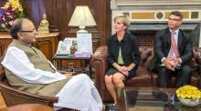 13 April 2015, New Delhi, India; The Hon. Julie Bishop, Australian Minister for Foreign Affairs meeting with Indian Finance Minister Arun Jaitley during her visit to India to promote trade and investment opportunities for Australia.