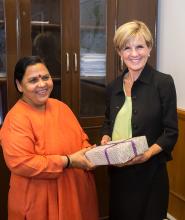 13 April 2015, New Delhi, India; The Hon. Julie Bishop, Australian Minister for Foreign Affairs meeting with Water Resources Minister Uma Bharti during her visit to India to promote trade and investment opportunities for Australia.