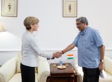14 April 2015, New Delhi, India; The Hon. Julie Bishop, Australian Minister for Foreign Affairs meeting with with Minister of Defence, Mr Manohar Parrikar during her visit to India to promote trade and investment opportunities for Australia. Picture by G
