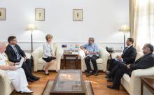 14 April 2015, New Delhi, India; The Hon. Julie Bishop, Australian Minister for Foreign Affairs meeting with with Minister of Defence, Mr Manohar Parrikar during her visit to India to promote trade and investment opportunities for Australia. Picture by G