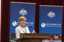 14 April 2015, New Delhi, India; The Hon. Julie Bishop, Australian Minister for Foreign Affairs addressing the student body at St Stephen’s College, Delhi University, to promote Australian education and the New Colombo Plan during her visit to India to p