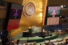 Foreign Minister Julie Bishop speaks in the United Nations General Assembly Hall at the International Conference on Population and Development. New York, 22 September, 2014. (Trevor Collens/DFAT)