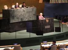 Foreign Minister Julie Bishop speaks in the United Nations General Assembly Hall at the International Conference on Population and Development. New York, 22 September, 2014. (Trevor Collens/DFAT)