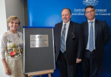 15 April 2015, Chennai, Tamil Nadu, India; The Hon. Julie Bishop, Australian Minister for Foreign Affairs unveils the plaque with Australia's Consul to Chennai, Sean Kelly , and Australia's High Commissioner to India, Patrick Suckling, officially opening