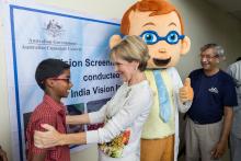 15 April 2015, Chennai, Tamil Nadu, India; The Hon. Julie Bishop, Australian Minister for Foreign Affairs participates in handing out spectacles provided under Indian Vision Institute DAP vision screening project to young school students at the Australia