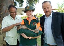 (L-R) Ebrahim Ismail Ebrahim, Deputy Minister of International Relations and Cooperation, South Africa and Fadhl Al-Maghafi, Minister Plenipotentiary, Yemen with a joey from Caversham Wildlife Park.
1 November 2013