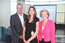 Foreign Minister Julie Bishop with Natalie Hensby and Andrew Daddo at the launch of the new Smartraveller advertising campaign. 28 November 2013
Photo: Jason McCormack
