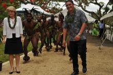 Australian Foreign Minister Julie Bishop participated in a traditional Vanuatu custom dance with Vanuatu Prime Minister Hon. Moana Carcasses Kalosil (19 December 2013)