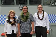 Australia’s Foreign Minister Julie Bishop, Vanuatu Prime Minister Hon. Moana Carcasses Kalosil and Senator Brett Mason inspecting the newly refitted RVS Tukoro (19 December 2013)