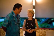 Foreign Minister Julie Bishop speaks with Vanuatu Prime Minister Hon Moana Carcasses Katokai at a dinner reception (18 December 2013)