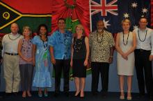 The Australian High Commissioner, H.E. Jeremy Bruer, Hon. Ms Natasha Stoot Despoja, Global Ambassador for Women and Girls, Ms Marie-Louise Milne, spouse of Vanuatu Prime Minister, the Prime Minister of the Republic of Vanuatu, Hon. Mr Moana Carcasses Kalo