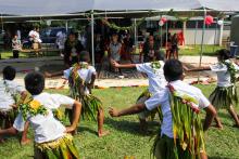 The Foreign Minister is welcomed to the Fua’amotu Health Clinic by a traditional dance performed by children from the Government Public School Kai’avale of Nakolo Village in Tonga