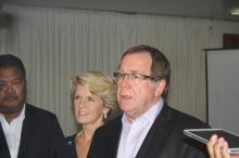 Honourable Murray McCully (right), Minister of Foreign Affairs for New Zealand and Chair of the Ministerial Contact Group (MCG) answers questions during the press conference following the delivery of the MCG Communique. He is backed by Minister Bishop and