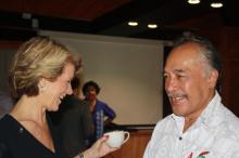 Minister Bishop shares a light moment with fellow Ministerial Contact Group (MCG) member, Honourable Tuisugaletaua Ali’imalemanu Sofara Aveau, Minister of Communication and Information Technology of Samoa, during a break between meetings with political pa