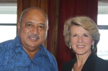 Minister Bishop is greeted by Ratu Inoke Kubuabola, Fiji Minister of Foreign Affairs, upon her arrival at Nausori Airport, Suva for the two-day Pacific Islands Forum Ministerial Contact Group (MCG) visit. Photo: DFAT. Friday, 14 February 2014.