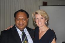 Minister Bishop with Honourable Rimbink Pato, PNG Minister for Foreign Affairs and Immigration at a press conference announcing the Ministerial Contact Group (MCG) Communique, at the Pacific Islands Forum Secretariat in Suva on Saturday 15 February. Photo