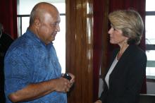 Minister Bishop is greeted by Ratu Inoke Kubuabola, Fiji Minister of Foreign Affairs, upon her arrival at Nausori Airport, Suva for the two-day Pacific Islands Forum Ministerial Contact Group (MCG) visit. Photo: DFAT. Friday, 14 February 2014.