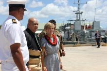 Foreign Minister Bishop views the Pacific Patrol Boat Program at Masefield Naval Base in Tonga with Commander Sione Ulakai, Commander of the Navy, Lord Ma’afu, Minister for His Majesty’s Armed Forces and Chief of Defence Services Brigadier Lord Fielakepa