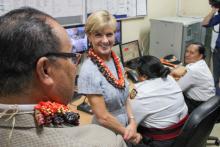 Foreign Minister Julie Bishop visits Central Police Station in Nukualofa’s CBD. She toured the custodial area and the police communication unit including its new CCTV system. She also reviewed detailed plans of proposed major renovations