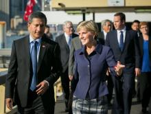 Foreign Minister Julie Bishop and Singapore’s Foreign Minister Vivian Balakrishnan lead their delegations at Jeffrey Street Wharf, 18 March 2016.