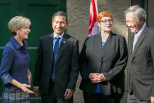 Foreign Minister Julie Bishop and Defence Minister Marise Payne welcome their Singaporean counterparts to Kirribilli House, Sydney, ahead of the ninth Singapore-Australia Joint Ministerial Committee meeting, 18 March 2016.