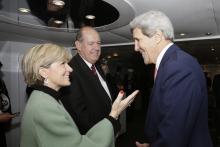 Minister for Defence, David Johnston and Minister for Foreign Affairs, Julie Bishop speak with United States Secretary of State, John Kerry ahead of the opening of the Australia-United States Ministerial Consultations (AUSMIN) 2014 at Admiralty House in S