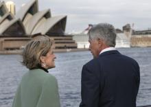 : Minister for Foreign Affairs, Julie Bishop and United States Secretary of Defense, Chuck Hagel travelling to the opening of the Australia-United States Ministerial Consultations (AUSMIN) 2014 at Admiralty House in Sydney. 12 August 2014.