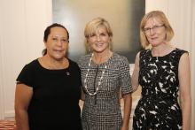 Foreign Minister Julie Bishop and Australian Ambassador to the United Nations, Gillian Bird, greet Dame Meg Taylor, Secretary-General of the Pacific Islands Forum, at a reception for Pacific Island Forum Countries in New York on 21 September 2017.