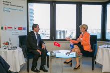 Turkish Deputy Foreign Minister Mr Ahmet Yildiz and Foreign Minister Julie Bishop during bilateral discussions in Sydney, 25 November 2016.