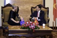 Australian Foreign Minister Julie Bishop meets HE Mr Pham Binh Minh, Deputy Prime Minister and Minister of Foreign Affairs of Vietnam, before the 2016 ASEAN Ministerial Meetings in Vientiane, Laos. 24 July 2016. Photo credit: DFAT/Bart Verweij