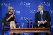 Foreign Minister Julie Bishop joins former Prime Minister of Australia Kevin Rudd in conversation following an address at the Asia Society, on the margins of the United Nations General Assembly in New York on 21 September 2017.