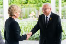 Foreign Minister Julie Bishop greets Mr Chirayu Isarangkun Na Ayuthaya at new Australian Embassy Bangkok. Thailand, Bangkok, 3 August 2017.