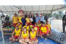 Foreign Minister Julie Bishop with local lifeguards at Patong beach in Phuket. Thailand, Phuket, 4 August 2017.