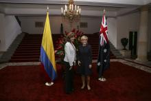 Foreign Minister Julie Bishop meets with Colombian Foreign Minister María Ángela Holguín at the entrance of San Carlos Palace, (Colombian Ministry for Foreign Affairs) 27 June 2017.
