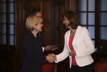 Foreign Minister Julie Bishop and Colombian Foreign Minister María Ángela Holguín following the initialling of the Australia-Chile Air Services Agreement at San Carlos Palace (Colombian Ministry for Foreign Affairs), 27 June 2017.