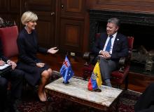 Foreign Minister Julie Bishop meeting Colombian President and 2016 Nobel Peace Prize Laureate, Juan Manuel Santos, at the Colombian Presidential Palace, 27 June 2017.