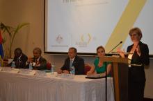 Foreign Minister Julie Bishop speaking at a High Level Panel on the Ocean Economy. (L - R) IORA Secretary General Ambassador Bhagirath; Mauritian Foreign Minister Dr Arvin Boolell; Seychelles Foreign Minister Jean Paul Adam and Australian Ambassador Susan