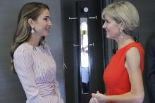 Foreign Minister Julie Bishop meets with Queen Rania of Jordan at the MIT Solve, Atlassian and iXc live pitch event in New York on 17 September 2017.
