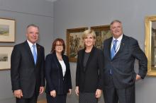 Foreign Minister Julie Bishop with Brendan Nelson, Director of the Australian War Memorial, Sondra Barbour, representative of exhibition sponsor Lockheed Martin, and Kim Beazley, Australian Ambassador to the USA at the opening of
