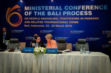 23 March 2016, Bali, Indonesia: (center left to right) Co-chairs, Indonesian Foreign Minister Ms Retno Marsudi and Foreign Minister Julie Bishop, before the start of the 6th Ministerial Conference of the Bali Process.