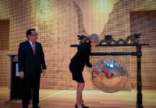 21 March 2016, Jakarta, Indonesia: Foreign Minister Julie Bishop bangs the gong with Indonesian Minister of State Secretary Pratikno during the opening of the new Australian Embassy in Jakarta.