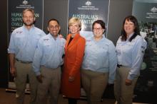 Minister Bishop with Australian Medical Team members Peter Archer, Brett Sutton, Alison McMillan and Nadine Tipping who deployed to Fiji following Cyclone Winston. Credit: DFAT.